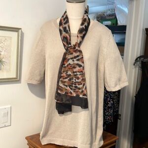 Talbots 2X Cream Crew Neck Sweater with Patterned Scarf.